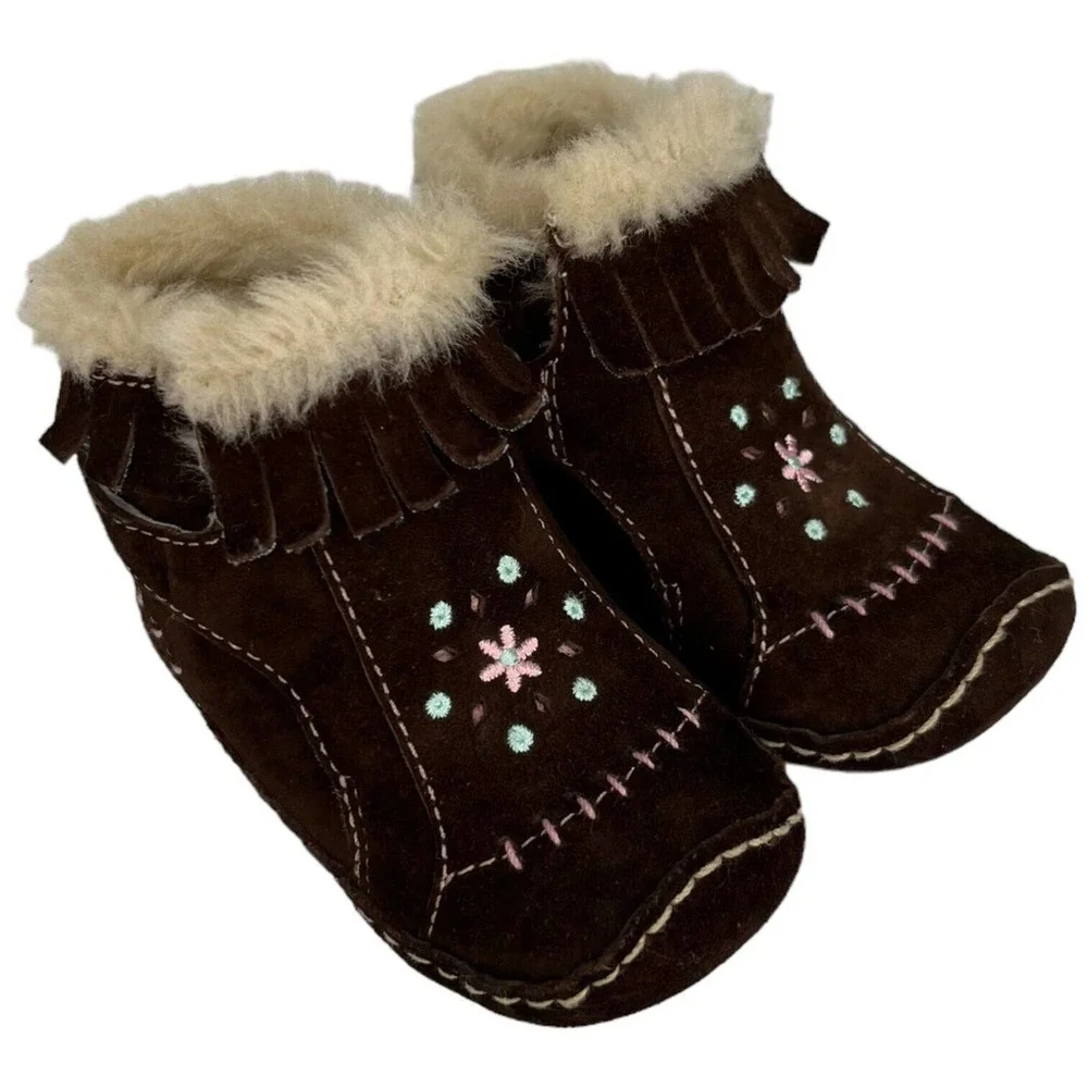 Stride Rite Leather Chincilla Moccasin Booties Embroidered Girls Brown 3